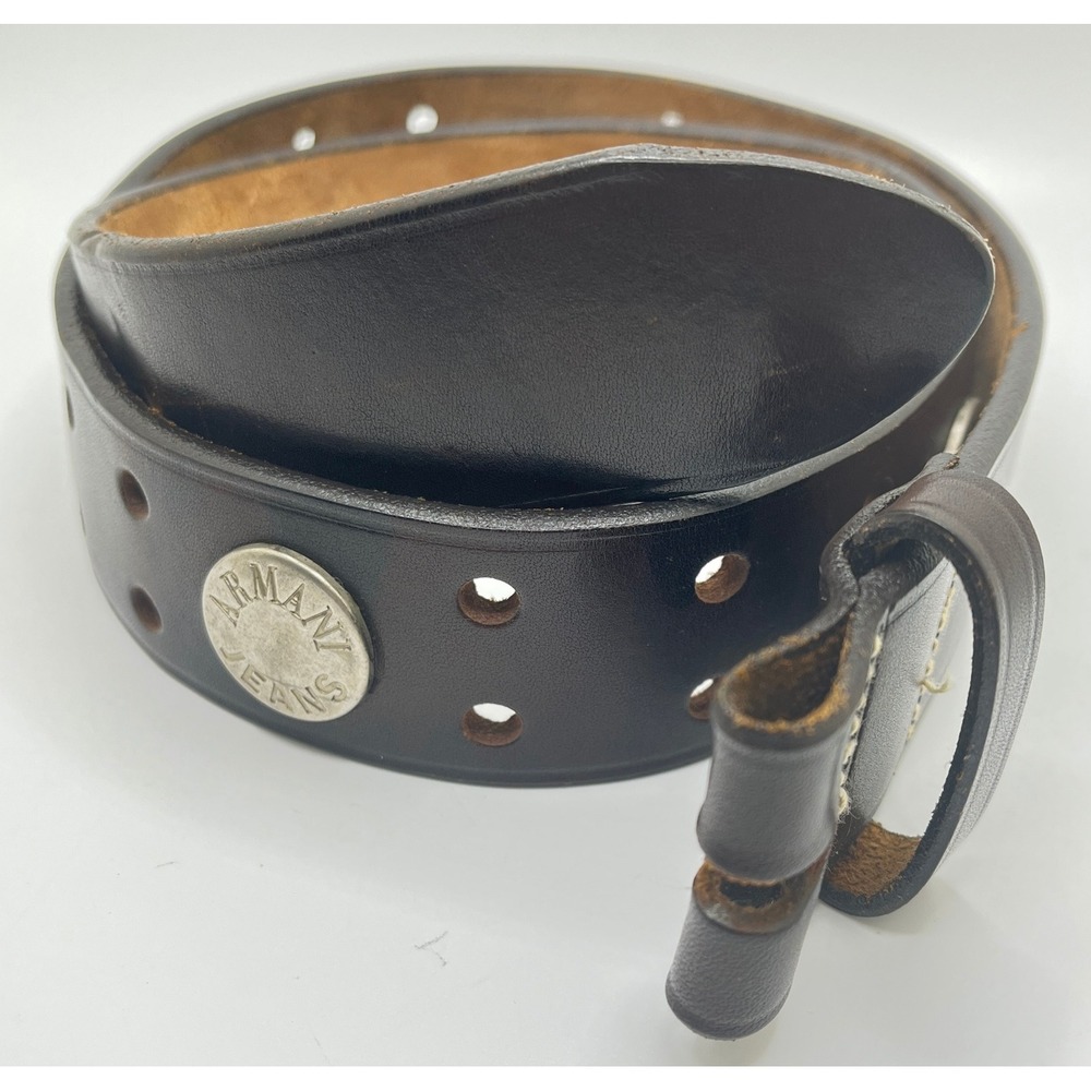 Armani Jeans Leather Belt Without Buckle Studded Brown‎ Size S 37" tip to tip